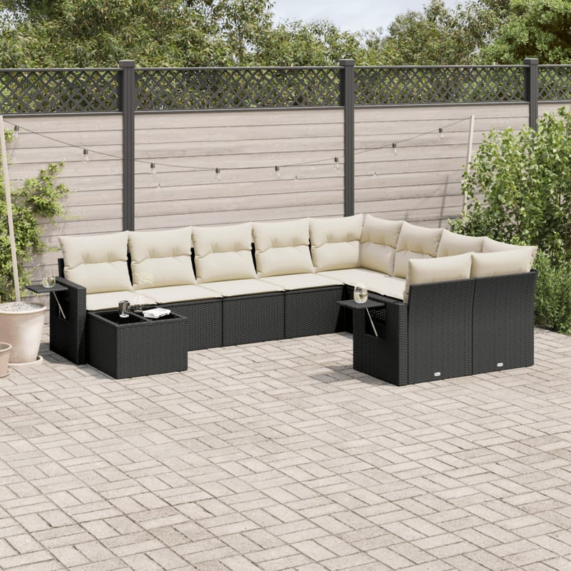 10-delige Loungeset met kussens poly rattan zwart