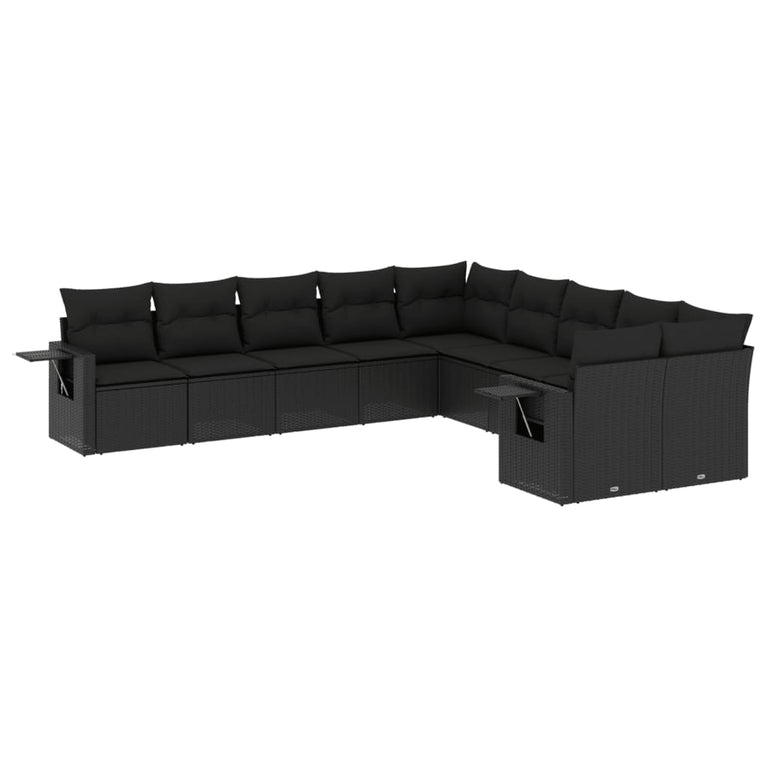 10-delige Loungeset met kussens poly rattan zwart