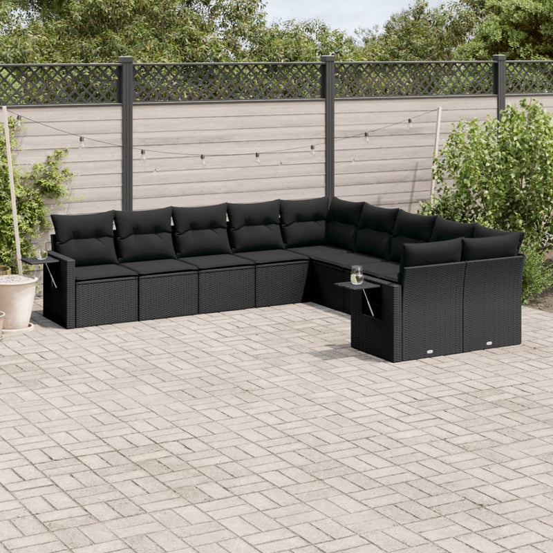 10-delige Loungeset met kussens poly rattan zwart
