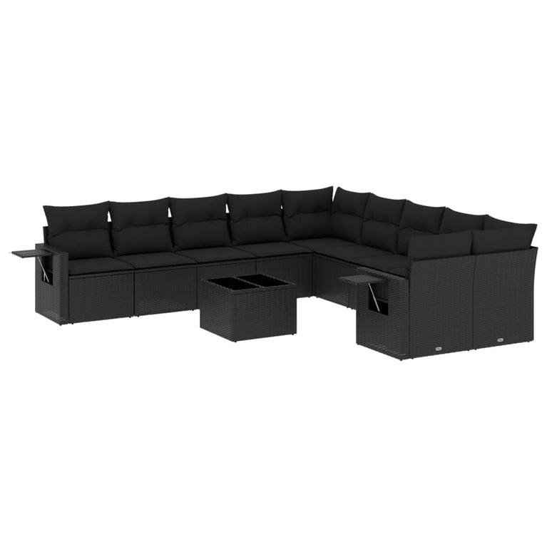 11-delige Loungeset met kussens poly rattan zwart