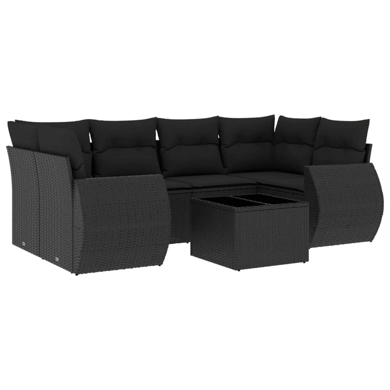 7-delige Loungeset met kussens poly rattan zwart