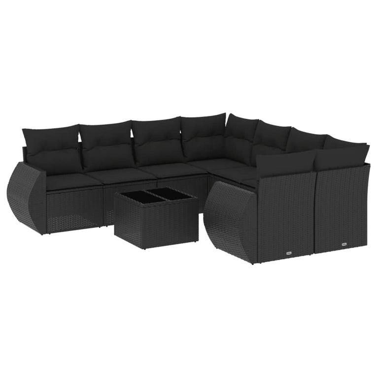 9-delige Loungeset met kussens poly rattan zwart