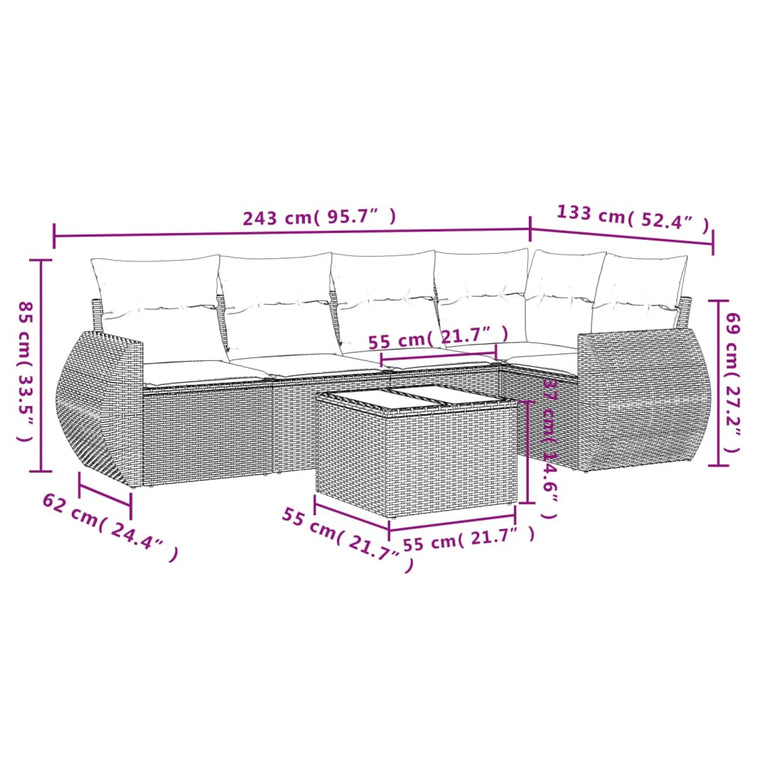 6-delige Loungeset met kussens poly rattan zwart
