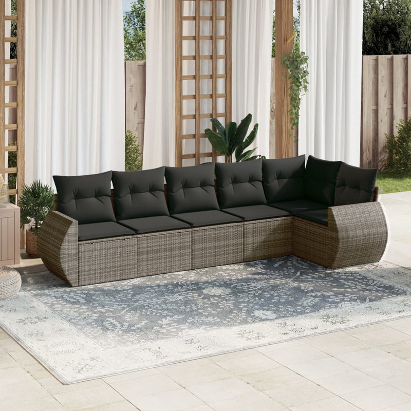 6-delige Loungeset met kussens poly rattan grijs