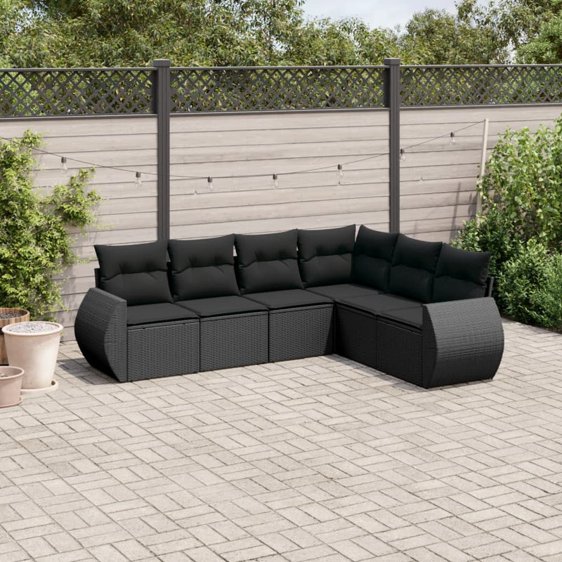 6-delige Loungeset met kussens poly rattan zwart