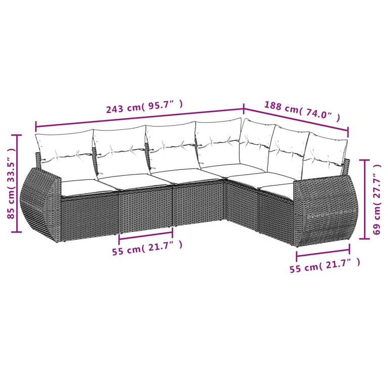 6-delige Loungeset met kussens poly rattan grijs