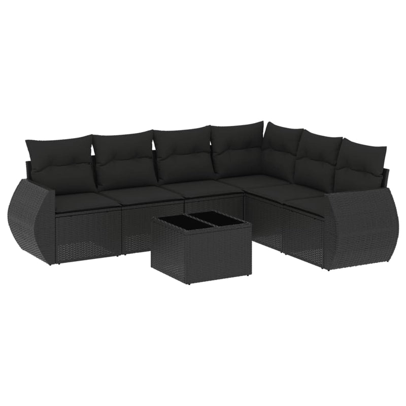 7-delige Loungeset met kussens poly rattan zwart