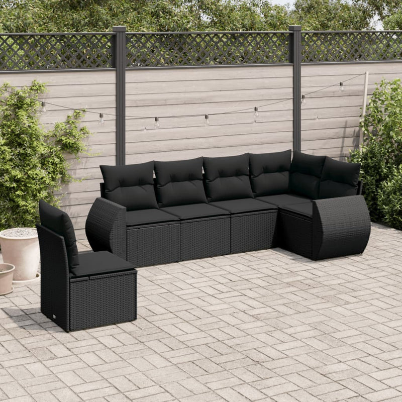 6-delige Loungeset met kussens poly rattan zwart