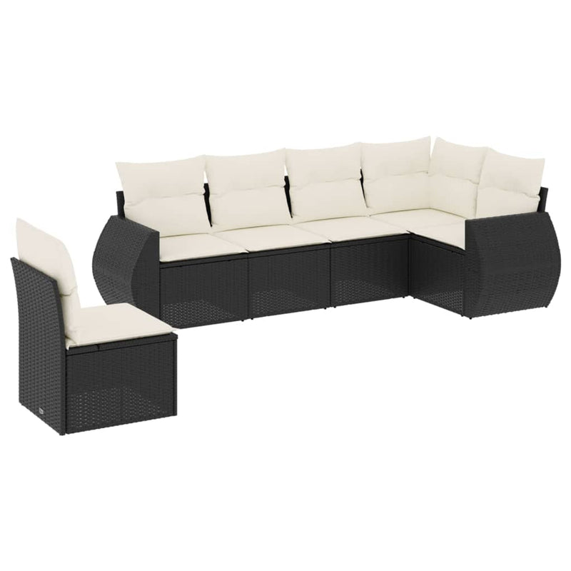 6-delige Loungeset met kussens poly rattan zwart