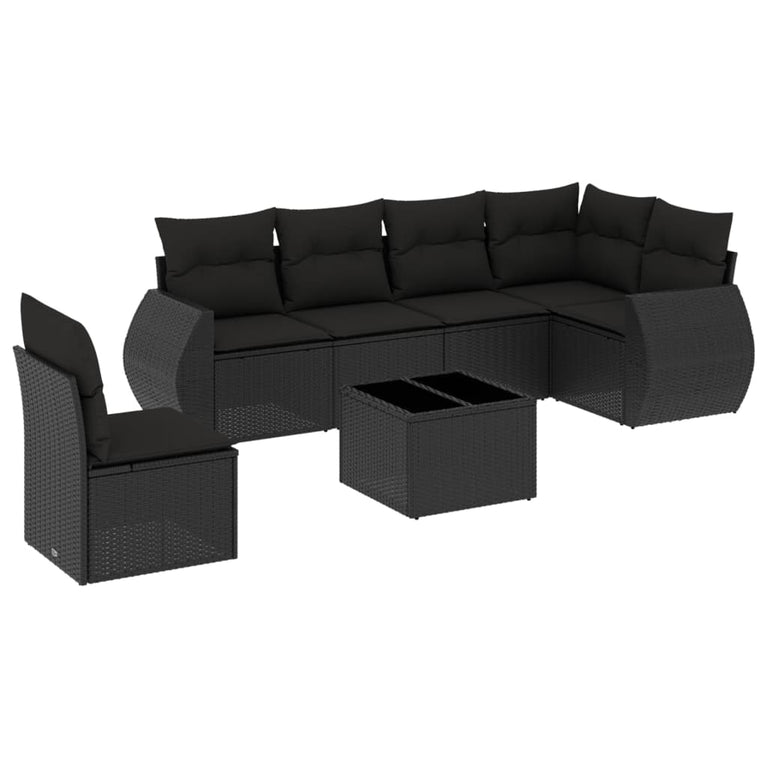 7-delige Loungeset met kussens poly rattan zwart