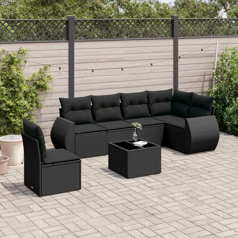 7-delige Loungeset met kussens poly rattan zwart