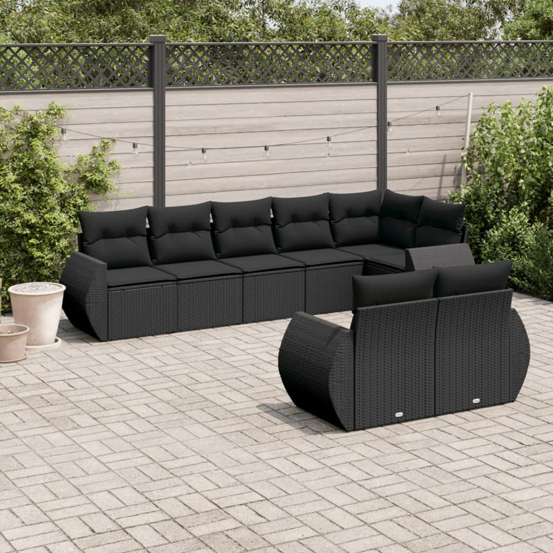 8-delige Loungeset met kussens poly rattan zwart
