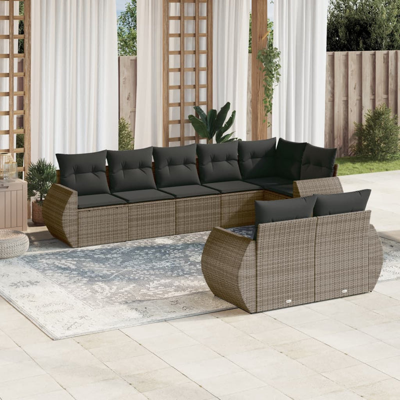 8-delige Loungeset met kussens poly rattan grijs