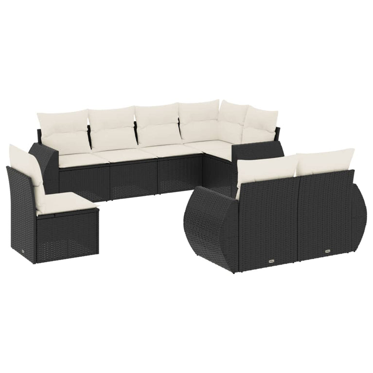 8-delige Loungeset met kussens poly rattan zwart