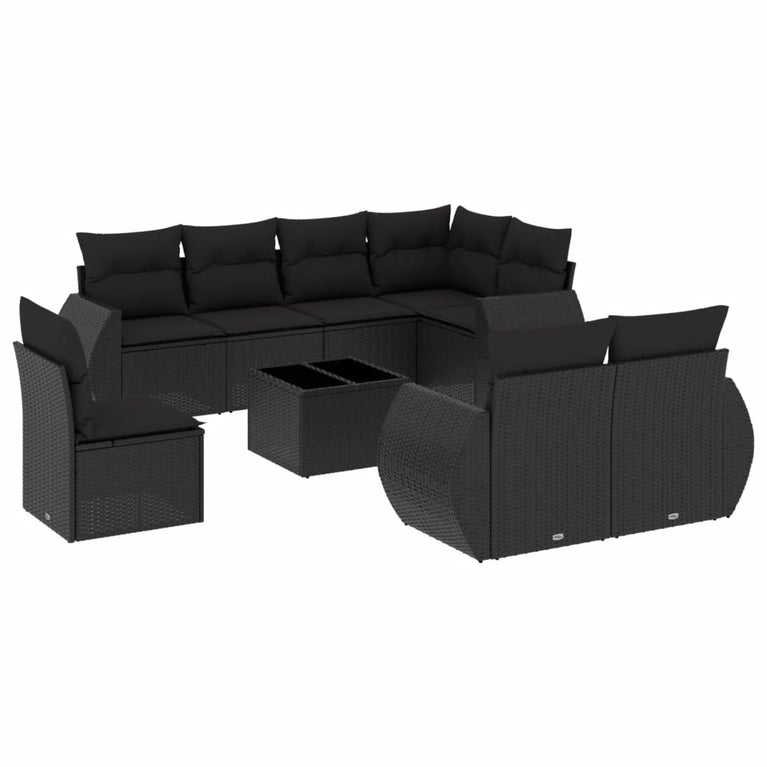 9-delige Loungeset met kussens poly rattan zwart