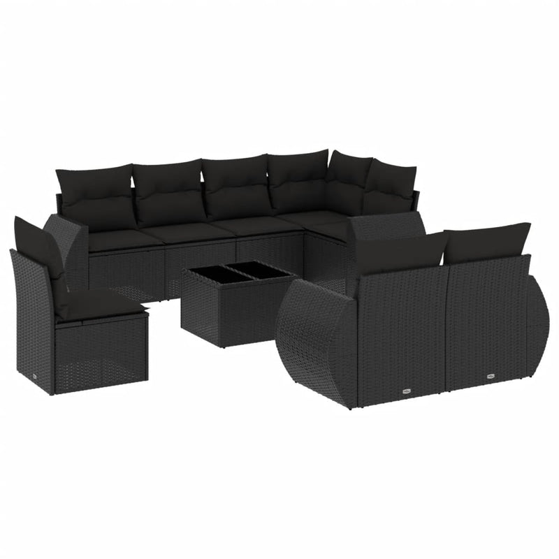 9-delige Loungeset met kussens poly rattan zwart