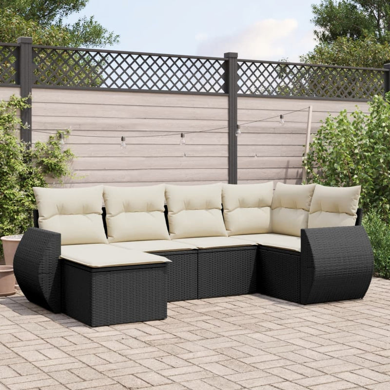 6-delige Loungeset met kussens poly rattan zwart