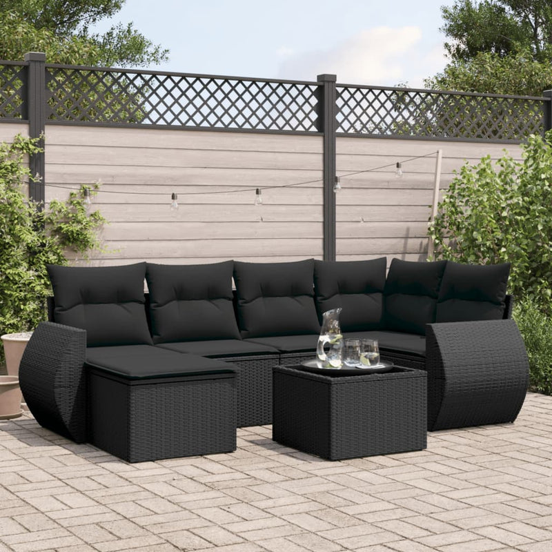 7-delige Loungeset met kussens poly rattan zwart