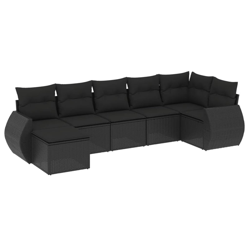 7-delige Loungeset met kussens poly rattan zwart