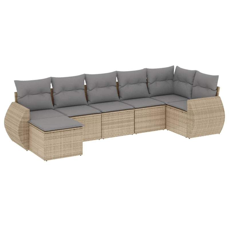 7-delige Loungeset met kussens poly rattan beige