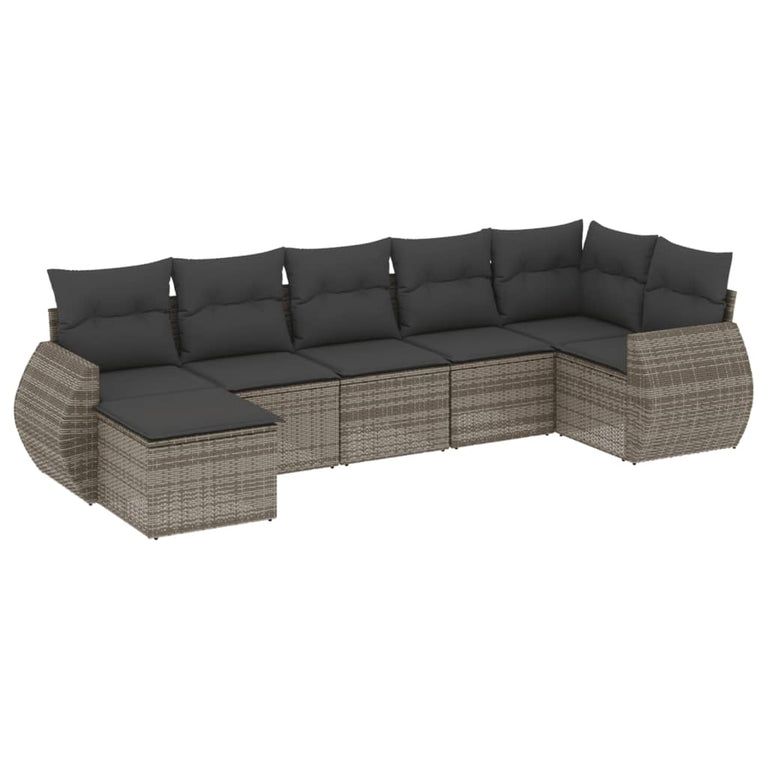 7-delige Loungeset met kussens poly rattan grijs