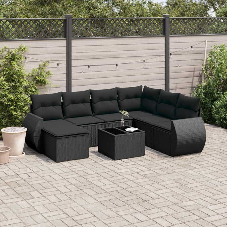 8-delige Loungeset met kussens poly rattan zwart