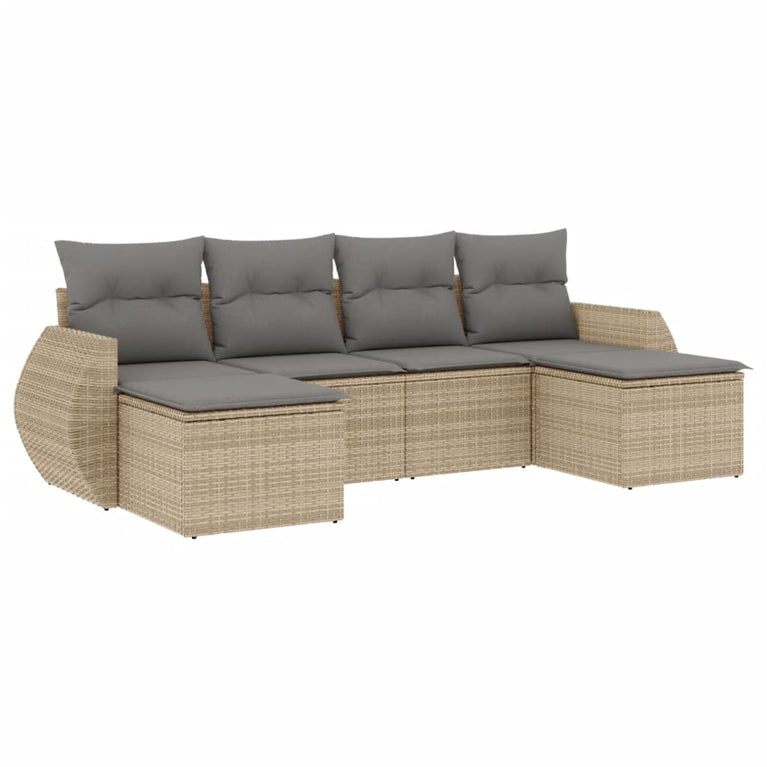 6-delige Loungeset met kussens poly rattan beige