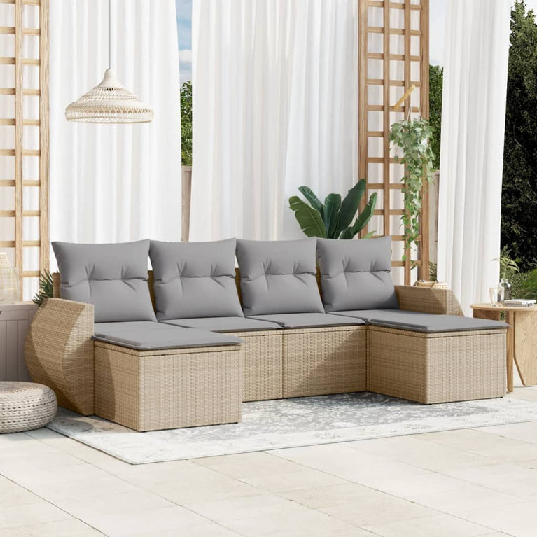 6-delige Loungeset met kussens poly rattan beige