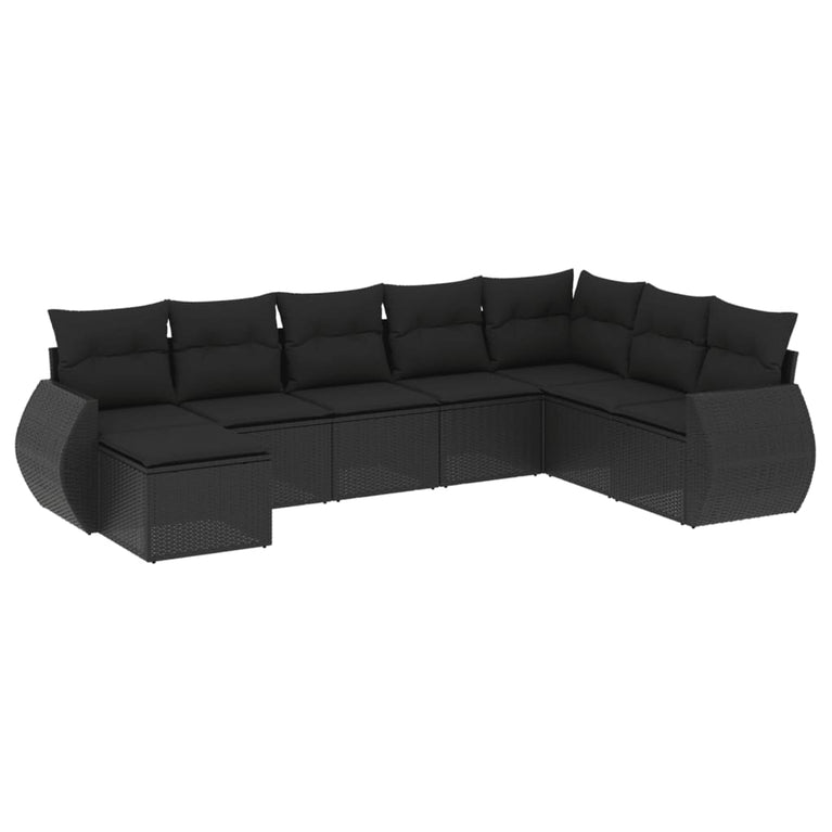 8-delige Loungeset met kussens poly rattan zwart