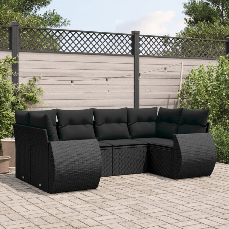 6-delige Loungeset met kussens poly rattan zwart