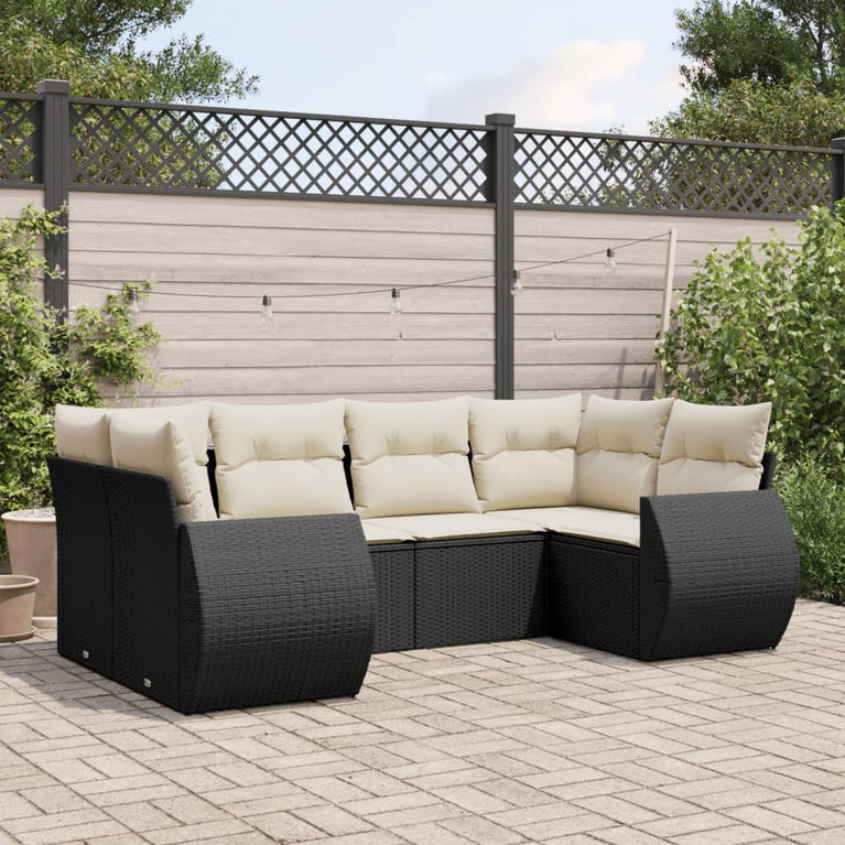 6-delige Loungeset met kussens poly rattan zwart