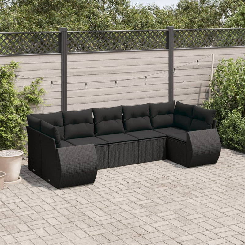 7-delige Loungeset met kussens poly rattan zwart