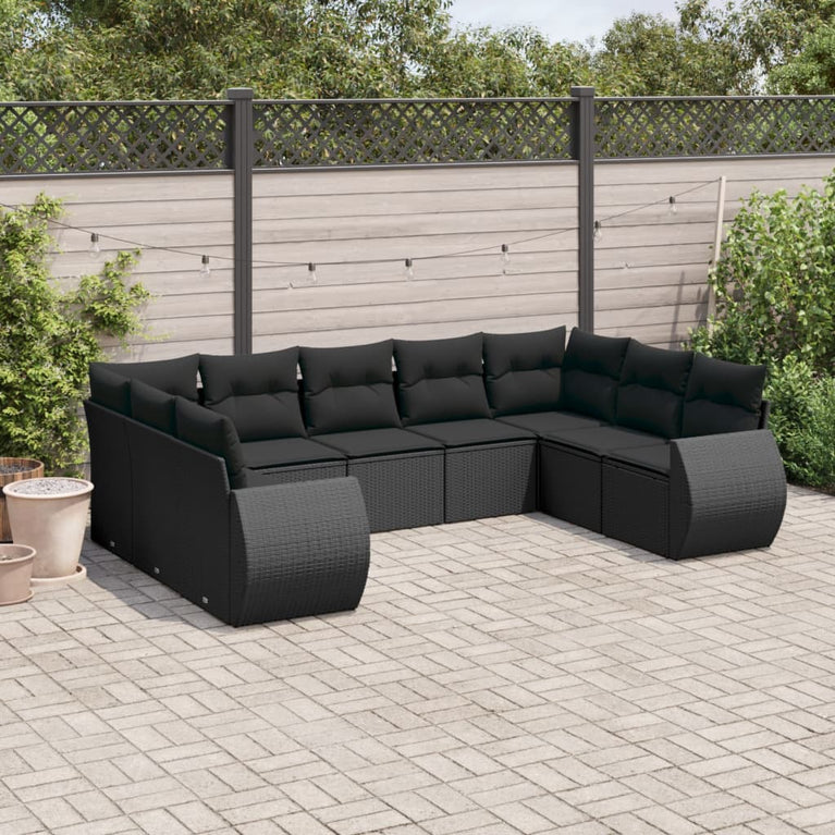 9-delige Loungeset met kussens poly rattan zwart