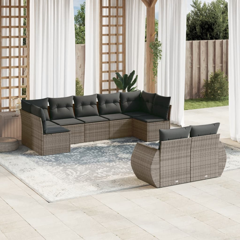9-delige Loungeset met kussens poly rattan grijs