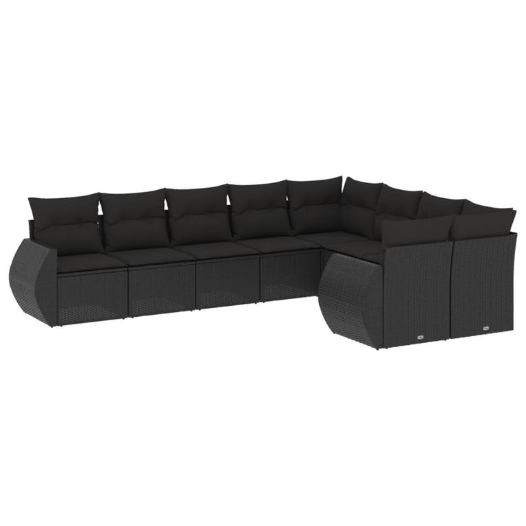 9-delige Loungeset met kussens poly rattan zwart