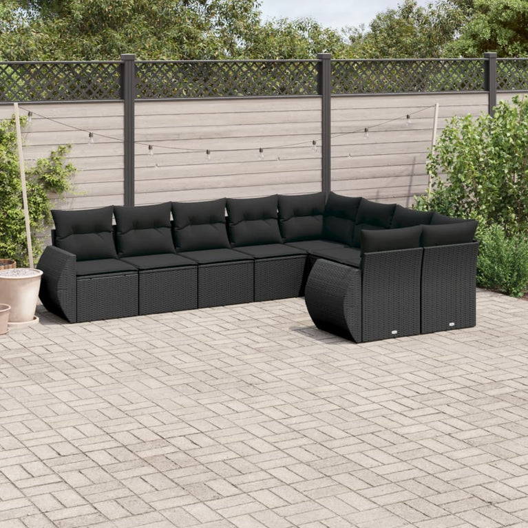 9-delige Loungeset met kussens poly rattan zwart