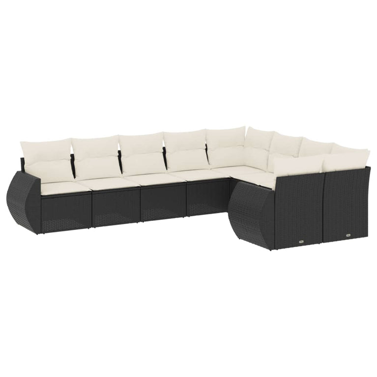 9-delige Loungeset met kussens poly rattan zwart