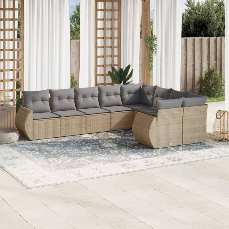 9-delige Loungeset met kussens poly rattan beige