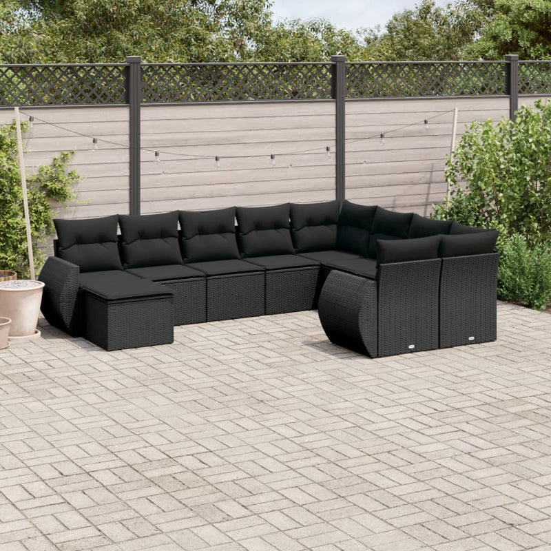 10-delige Loungeset met kussens poly rattan zwart