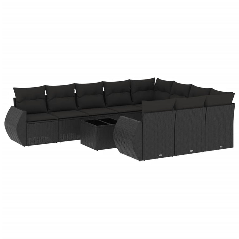 11-delige Loungeset met kussens poly rattan zwart