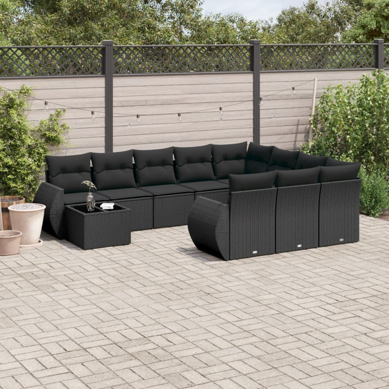 11-delige Loungeset met kussens poly rattan zwart