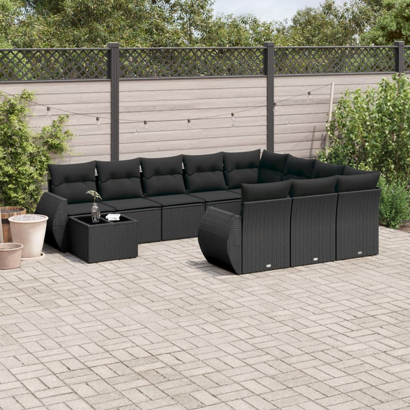 11-delige Loungeset met kussens poly rattan zwart
