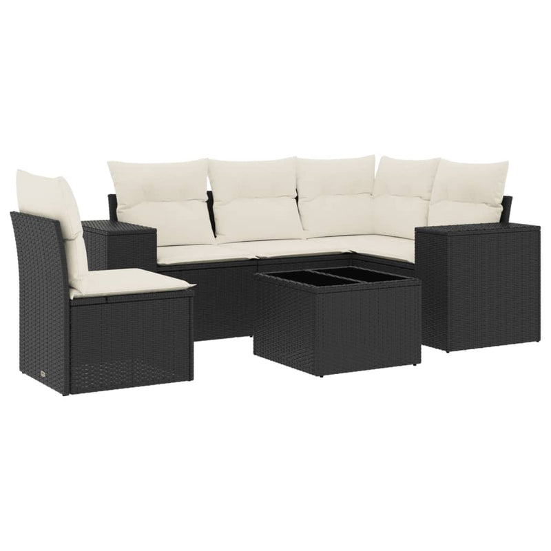 6-delige Loungeset met kussens poly rattan zwart
