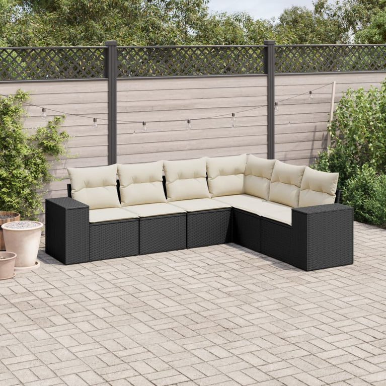 6-delige Loungeset met kussens poly rattan zwart