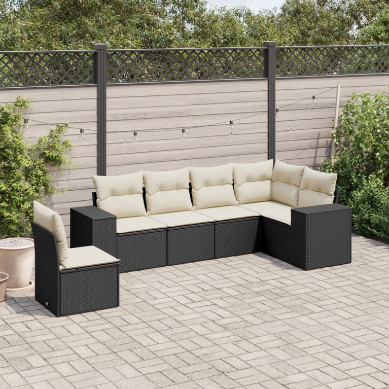 6-delige Loungeset met kussens poly rattan zwart
