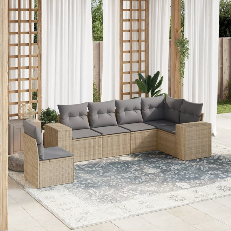 6-delige Loungeset met kussens poly rattan beige