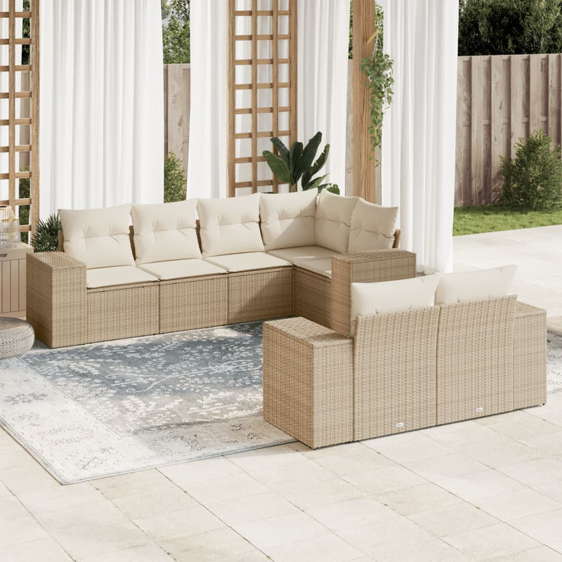 7-delige Loungeset met kussens poly rattan beige