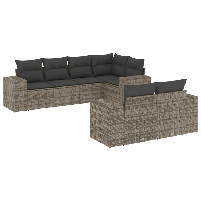 7-delige Loungeset met kussens poly rattan grijs