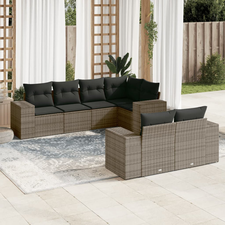 7-delige Loungeset met kussens poly rattan grijs