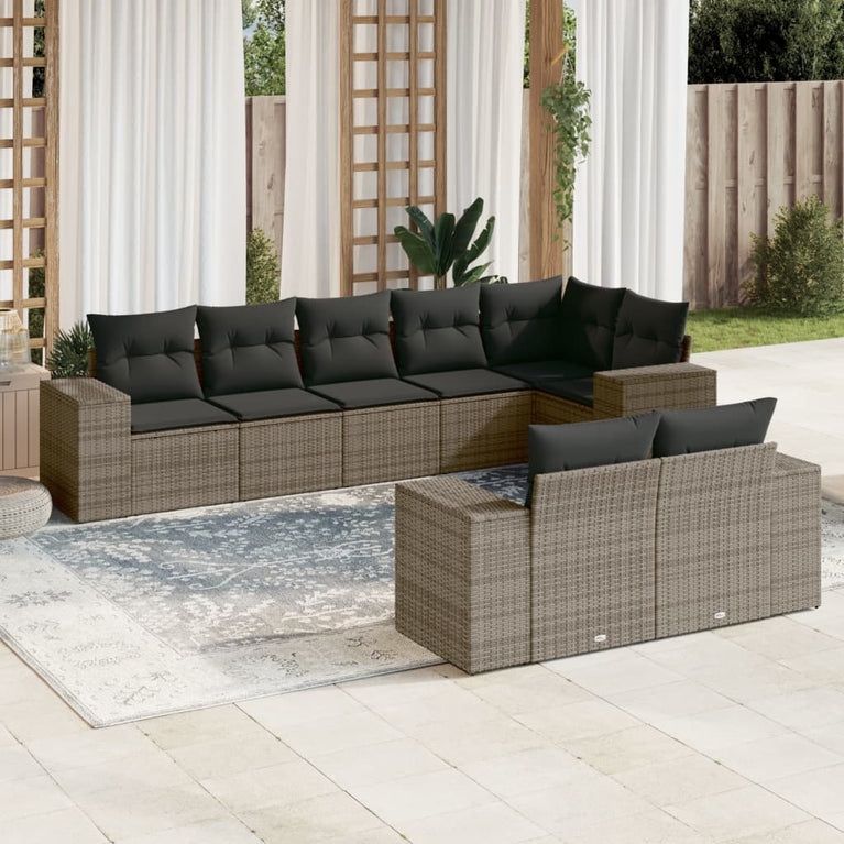 8-delige Loungeset met kussens poly rattan grijs